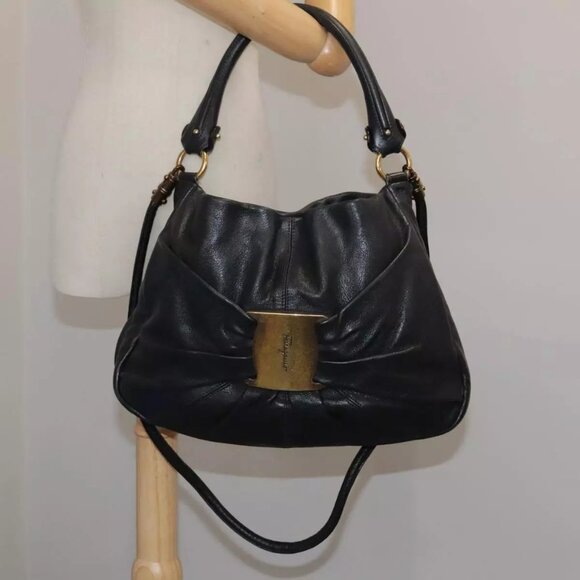Salvatore Ferragamo Vala Hand Bag Leather 2way Black Gold Authentic
